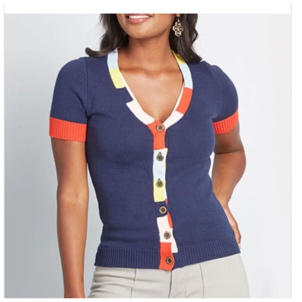 ModCloth Brightly Thriving Cardigan Sweater Size M Short Sleeve Navy Blue NWT